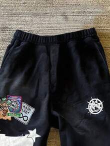 SHEIN 女式复古条纹都市风格跑步字母印花长裤 - 黑色 - 查看 3