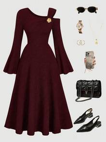 SHEIN Unity Plus Size Women's Solid Color Knitted Ribbed Asymmetric Shoulder Flare Sleeve Ruffle Trim Bodycon Maxi Elegant Party Dress - Burgundy - View 7
