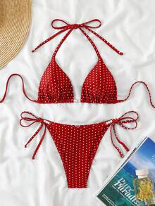 Swim Basics 女款夏季性感兩件式波點隨機印花掛脖綁帶比基尼套裝，附珍珠飾品 - 紅色 - 查看 1