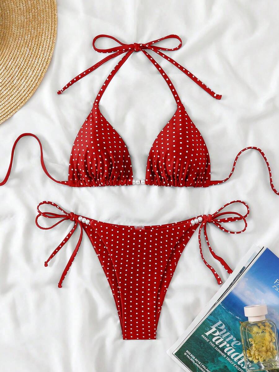 Swim Basics 女款夏季性感兩件式波點隨機印花掛脖綁帶比基尼套裝,附珍珠飾品 - 紅色 - 查看 1