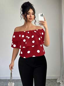 Elenzga Plus Size Women's Classic Polka Dot Print Layered Ruffle Off Shoulder Blouse - Red - View 3