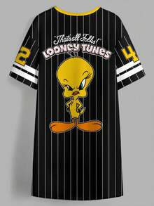 LOONEY TUNES X SHEIN 大码女式休闲圆领条纹字母卡通印花夏季连衣裙 - 白色 - 查看 2