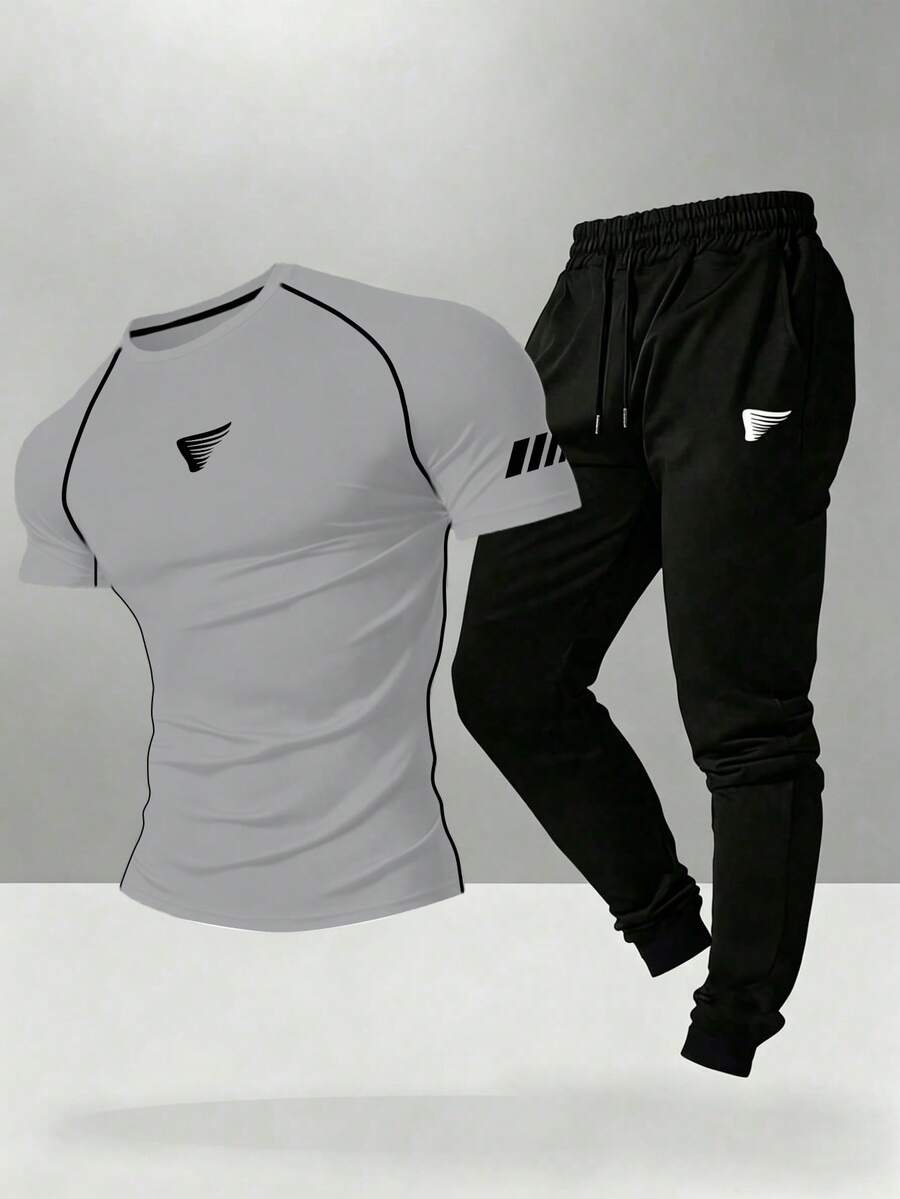 Gym Rark Men's Short Sleeve T-Shirt And Long Pants Sports Set - Grey - View 1
