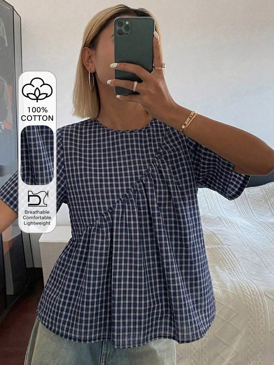DAZY 女款素色寬鬆短袖圓領百褶休閒度假夏季襯衫上衣 - 藍色 - 查看 1