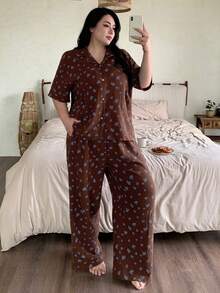 Dazy Plus Floral Textured Chiffon Fabric Loose Short Sleeve Top And Long Pants Pajama Set, Plus Size, Brown, Spring/Summer - Brown - View 7