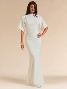 SHEIN BAE Spring/Summer Solid White Short Sleeve Fitted Pleated Elegant Dress For Women - White - View 3