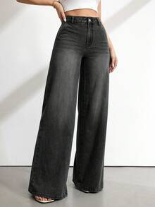 SHEIN Tall 女款高腰純色寬腿牛仔褲，春夏度假休閒街頭風 - 黑色 - 查看 4