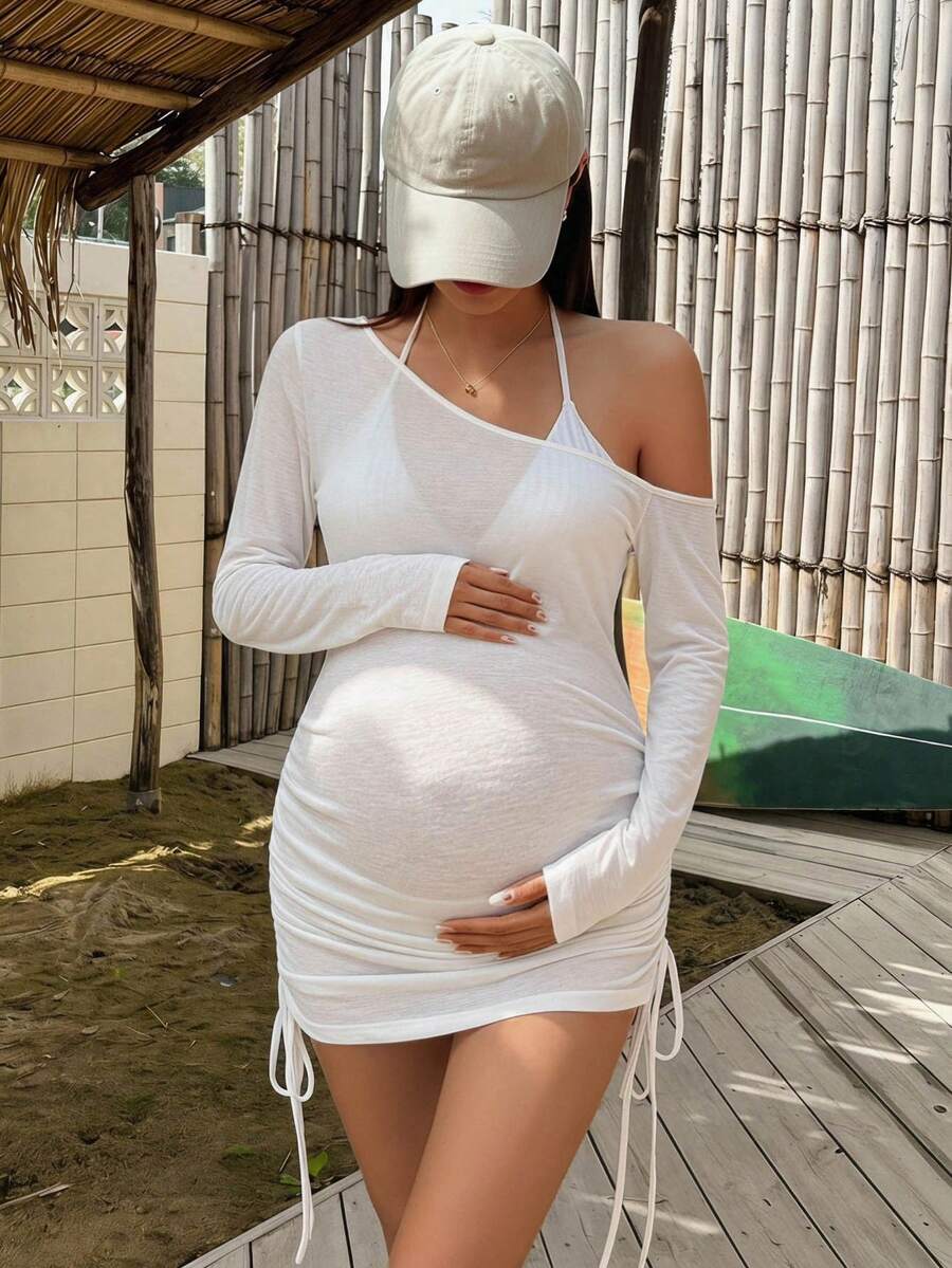 Dazy Maternity 純色針織露肩抽繩綁帶度假風沙灘上衣 白色長袖春夏孕婦遮陽罩衫 - 白色 - 查看 1