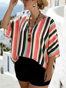 EMERY ROSE Camisa de talla grande estilo vacaciones con cuello en V, mangas murciélago y rayas, para cubrir el traje de baño en verano - Naranja - Ver 1