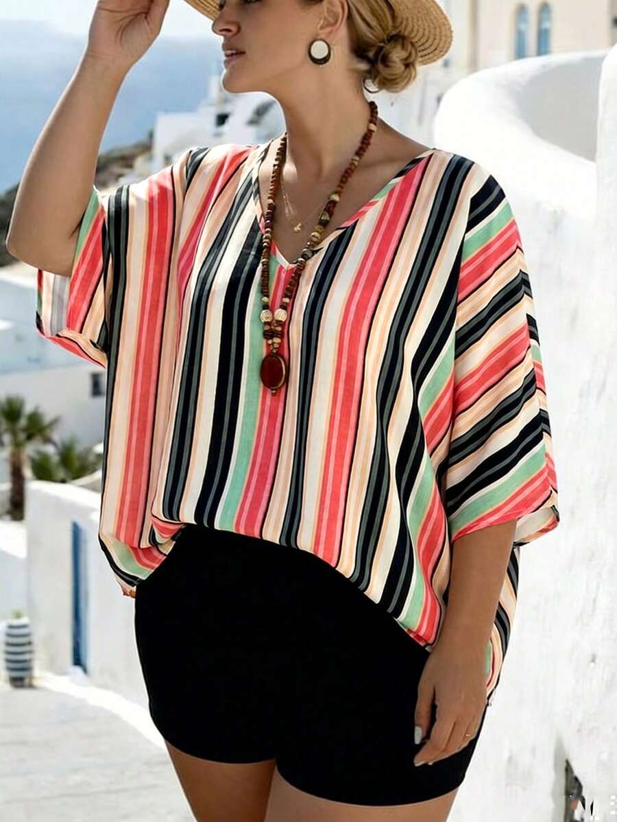 EMERY ROSE Camisa de talla grande estilo vacaciones con cuello en V, mangas murciélago y rayas, para cubrir el traje de baño en verano - Naranja - Ver 1