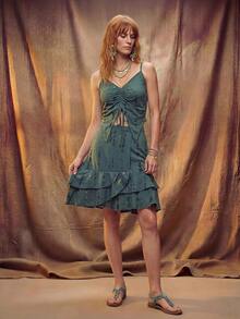 Fembélia Women's Dark Green Drawstring Design Asymmetrical Hem Cami Top And Asymmetrical Ruffle Hem Skirt Set Vacation Summer Boho Music - Green - View 3