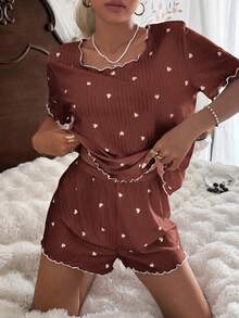 CottageSlumber Set Piyama Wanita Lengan Pendek Motif Hati Kecil Bergaris Longgar dengan Jahitan Rapat Warna Putih - Coffee Brown - View 6