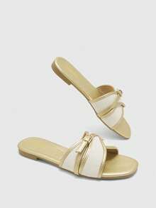 CUCCOO BIZCHIC Women's Fashion Gold Simple Buckle Color Matching Flat Sandals Summer - Gold - View 7