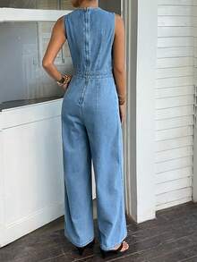 Rivivi Women's Round Neck Button Pocket Casual Daily Travel Denim Jumpsuit - Medium Wash - View 2