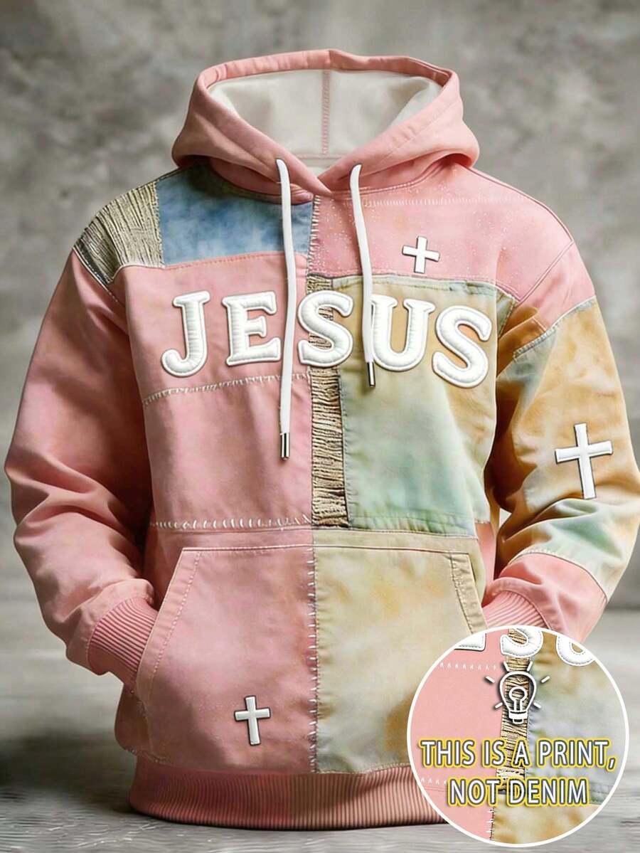 Manfinity Dauomo Men's Artistic Retro Patchwork Print Hoodie, Colorful Comfortable Top, JESUS Cross Faith Graphic Long Sleeve Sweatshirt, Suitable For Everyday Wear - Multicolor - View 1