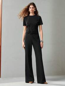 MOTF PREMIUM METAL DETAIL SIDE ZIPPER FLARE PANTS - Black - View 4