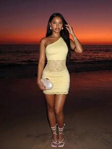 Slaydiva New Summer Styles: One-Shoulder, Pleated, Bodycon, Mini Dresses, Lace-Trimmed, Sheer Lace Trim, Club Dresses, Party Dresses-A,Dresses For Women Summer - Light Yellow - View 6