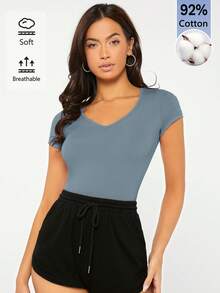 SHEIN BASICS Women's Solid Color V-Neck Casual Versatile Daily Outing Short Sleeve T-Shirt - Blue - View 6