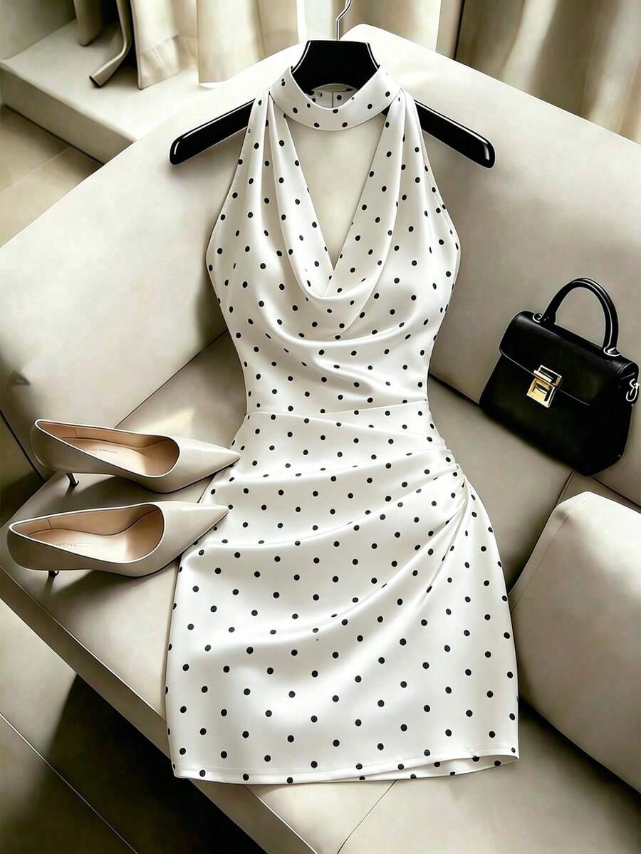 SHEIN Franclia Fashionable New Elegant Draped Neck Brown Dress, Featuring Ruffle Neckline Design, Ruched Waist For Slimming Fit, Sexy, Elegant, Fashionable, Brown Bodycon Mini Dress - Black and White - View 1