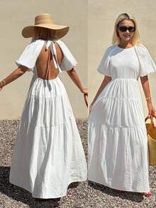 Livesso Summer White Bohemian Tropical Boho Casual Vacation Minimalist Backless Beach Elegant Commute Loose Large Hem Women's Mid-Length Dress Sundress - White - View 9