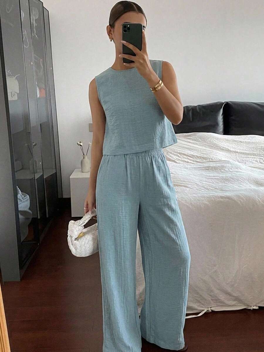 Livesso 女款藍灰色牛仔套裝,圓領無袖修身短版上衣搭配鬆緊腰寬鬆寬腿長褲,適合夏季與秋季 - 淺藍色 - 查看 1