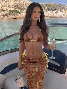 Aloruh 女款三件式泳裝套裝，春夏度假性感優雅浪漫復古印花金屬裝飾迷你三角杯掛脖綁帶上衣，迷你丁字褲底褲附超長裙罩衫，女款度假海灘比基尼套裝 - 彩色 - 查看 5