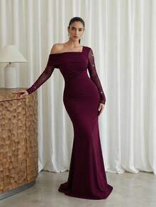 Modelyn Women's Fashion Oblique Shoulder Formal Evening Mermaid Dress Women's Formal Evening Dress Gown (Heavy Embroidery) Women Rhinestone Embellished Sheer Black Long Evening Gown, Wedding Guest Dress, Elegant Evening Dress, Prom Dress, For Wedding Dress Waist And Chest Slimming, Party Dress, Formal Dress Purple Women Evening Dress Off Shoulder Formal Dress Plum Dress Long Sleeve Formal Dress Sexy Elegant Dress - Red Violet - View 6