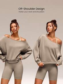 GLOWMODE Modal Soft Oversized Off-Shoulder Sweatshirt Daily Casual  Spring Summer - Khaki - View 3