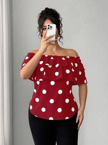 Elenzga Plus Size Women's Classic Polka Dot Print Layered Ruffle Off Shoulder Blouse - Red - View 8