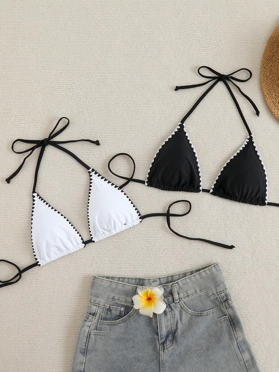 Swim Vcay Teacher Women's Black And White Tooth-Edge Swimsuit Top 2-Piece Patchwork - Black and White - View 1