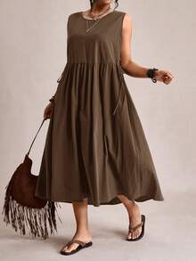 Freevana Plus Size Women Solid Color Round Neck Casual Boho Sleeveless Dress Vacation Brown Summer - Coffee Brown - View 8