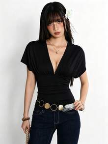 Rina Fox 女款薄荷藍深V領後背繫帶短袖性感修身上衣 - 黑色 - 查看 7