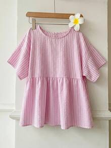 SHEIN EZwear 夏季多巴胺粉色條紋編織女款襯衫上衣，適合日常通勤、約會、聚會、秋冬/夏季、聖誕節、新年、感恩節、派對、婚禮、海灘、畢業典禮、時尚、優雅、休閒、通勤、亮面、情人節、優雅、度假、畢業典禮及其他場合 - 粉色 - 查看 3