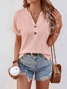 SHEIN LUNE Kaos Wanita Kasual untuk Beraktivitas Sehari-hari, Warna Polos, Rajutan Jacquard Bertekstur, Lengan Pendek, Leher V, Dekorasi Kancing - Berwarna merah muda - View 4