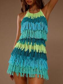MUSERA Multi Tassel Detail Knit Halterneck Mini Dress Summer Beach Vacation Sexy Cute Boho Travel Festival Pocha - Blue - View 4