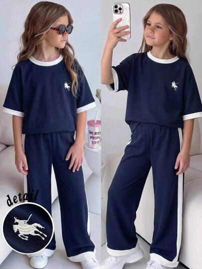 Girlism Kids Tween Girls T-Shirt Co-Ords Spring Summer New Royal Blue Colorblock White Loose Casual Small Logo Embroidered Pattern Crew Neck Loose Short Sleeve T-Shirt + Straight Leg Knit Pants Wide Leg Long Pants 2pcs Set