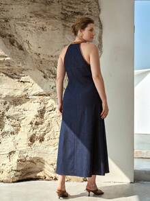 MOTF PREMIUM VESTIDO DE MEZCLILLA SIN MANGAS CON PARCHES DE COLORES CONTRASTANTES PARA MUJER TALLA GRANDE, PRIMAVERA/VERANO - Azul - Ver 4