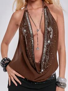 ROMWE Vintage Y2K Hot Girl Neckline Sequin Embroidered Deep V Cowl Neck Halter Tank Top For Women - Brown - View 2