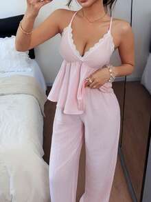 Napfluff Women's Lace Patchwork Pleated Camisole Top And Long Pants Casual Daily Home Pajama Set - Pink - View 8