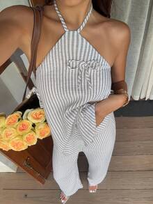 Livesso Women's 2 Pieces Set With Halter Neck Bow Grey Top And Casual Long Pants Beach Vacation Summer - Pink - View 6