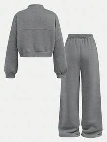 SHEIN 青少年女孩秋季兩件套 長袖拉鍊連帽衫 + 寬腿運動長褲 休閒套裝，適合日常穿著、街頭風、舒適 - 灰色 - 查看 2