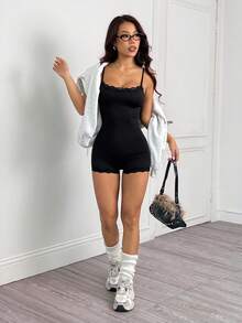 SHEIN PETITE Women's Solid Color Lace Panel Spaghetti Strap Simple Slim Jumpsuit ,Petite Women - Black - View 5