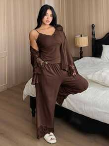 Dazy Plus Fashionable 3-Piece Home Wear Set, Slim Fit Camisole, Contrast Lace Cardigan, Pants, Elegant Plus Size Women's Pajama Set - Brown - View 3
