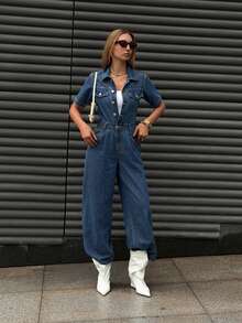 Livesso Spring Summer Vintage Washed Navy Blue Music Festival Casual Vacation Straight Leg Denim Jeans Long Pants Street Outdoor Travel Women's Denim Jumpsuit - Dark Wash - View 5