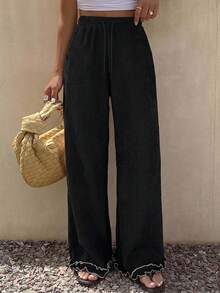 FRIFUL Women's Elastic Waist Drawstring Contrast Stitching Decoration Straight Leg Loose Casual Pants, Versatile Vacation School - Black - View 6