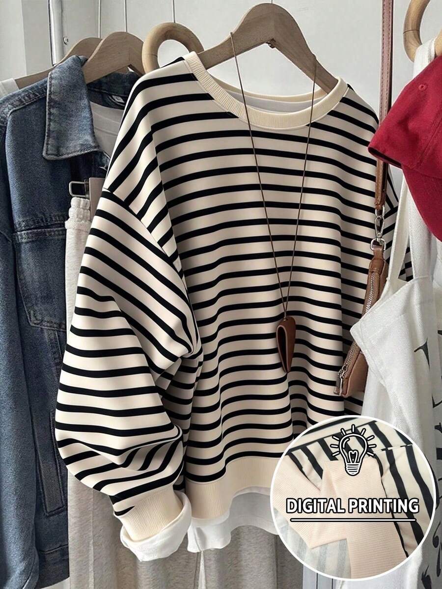 SHEIN 女士加大码卫衣,加大码套头衫,女士条纹卫衣,杏色,温柔优雅设计,秋季上衣,秋冬季,返校季,教师节,女士圆领卫衣 - 彩色 - 查看 1