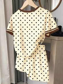 Vintage Modern Polka Dots, Classic Black And White Polka Dots, Contrast Color Sporty Stripes, French Style, Dopamine Dressing, Chill Chill, Young Girl Casual Minimalist Short Sleeve And Shorts Two Pieces Set Suitable For Summer - Multicolor - View 2