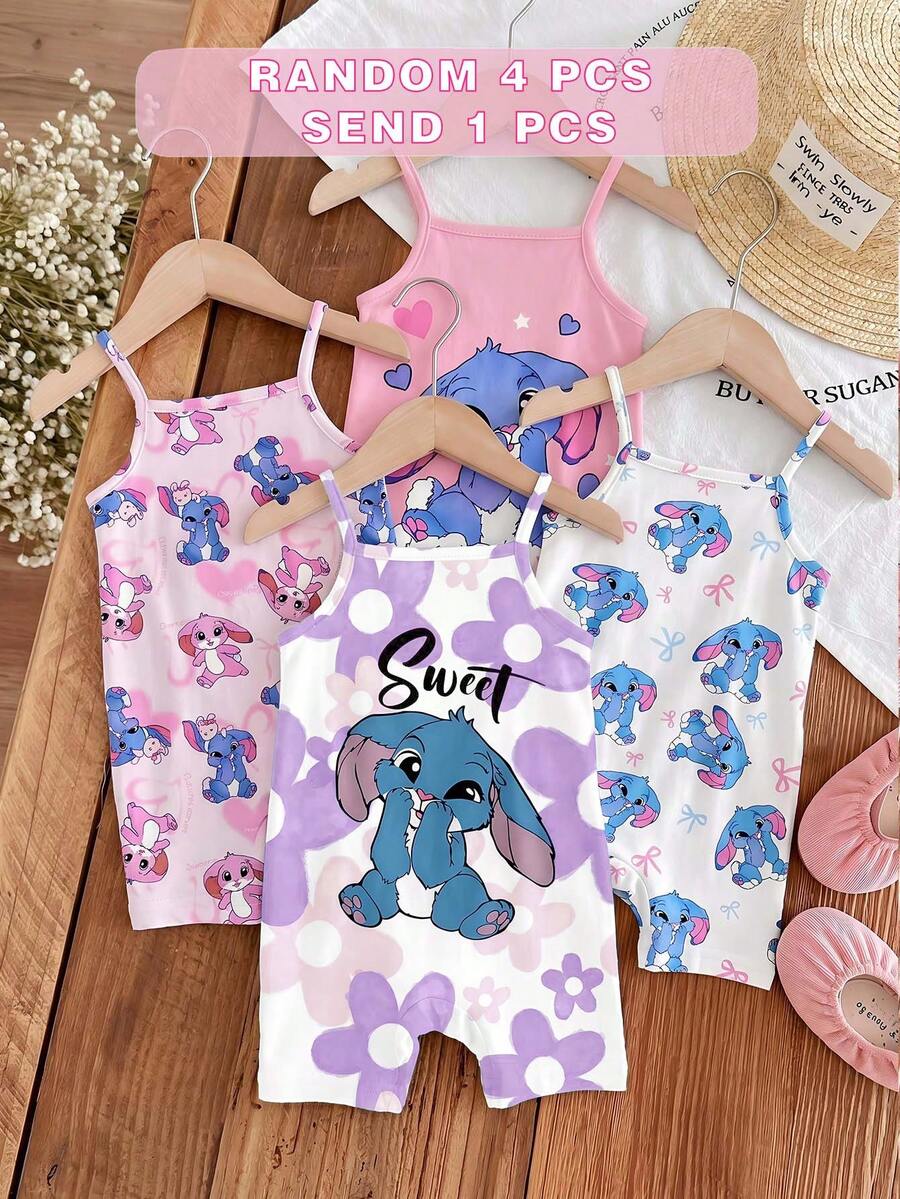 Kawaii可愛卡通藍色兔子Lulu & Stitch圖案,芭蕾風,藍色漸層花卉,Chill Chill,嬰兒與女嬰圖案,女嬰休閒細肩帶連身褲,適合春夏 - 彩色 - 查看 1