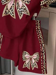 Vintage Cute Sweet Leopard Print Bow Pattern Pink Contrast Color Sporty Stripe Teen Girl Casual Loose Crew Neck T-Shirt Shorts 2-Piece Set For Summer - White - View 4
