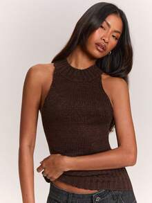SHEIN BAE Women's Solid Color Sleeveless Round Neck Fitted Minimalist Vintage Sweater - Chocolate Brown - View 7